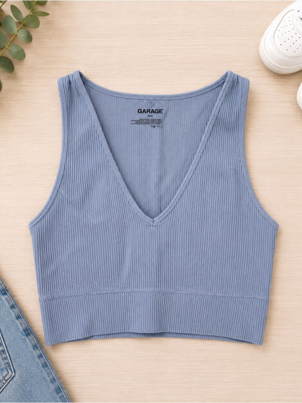 Garage Light Blue Ribbed V-Neck Cropped Tank Top Medium